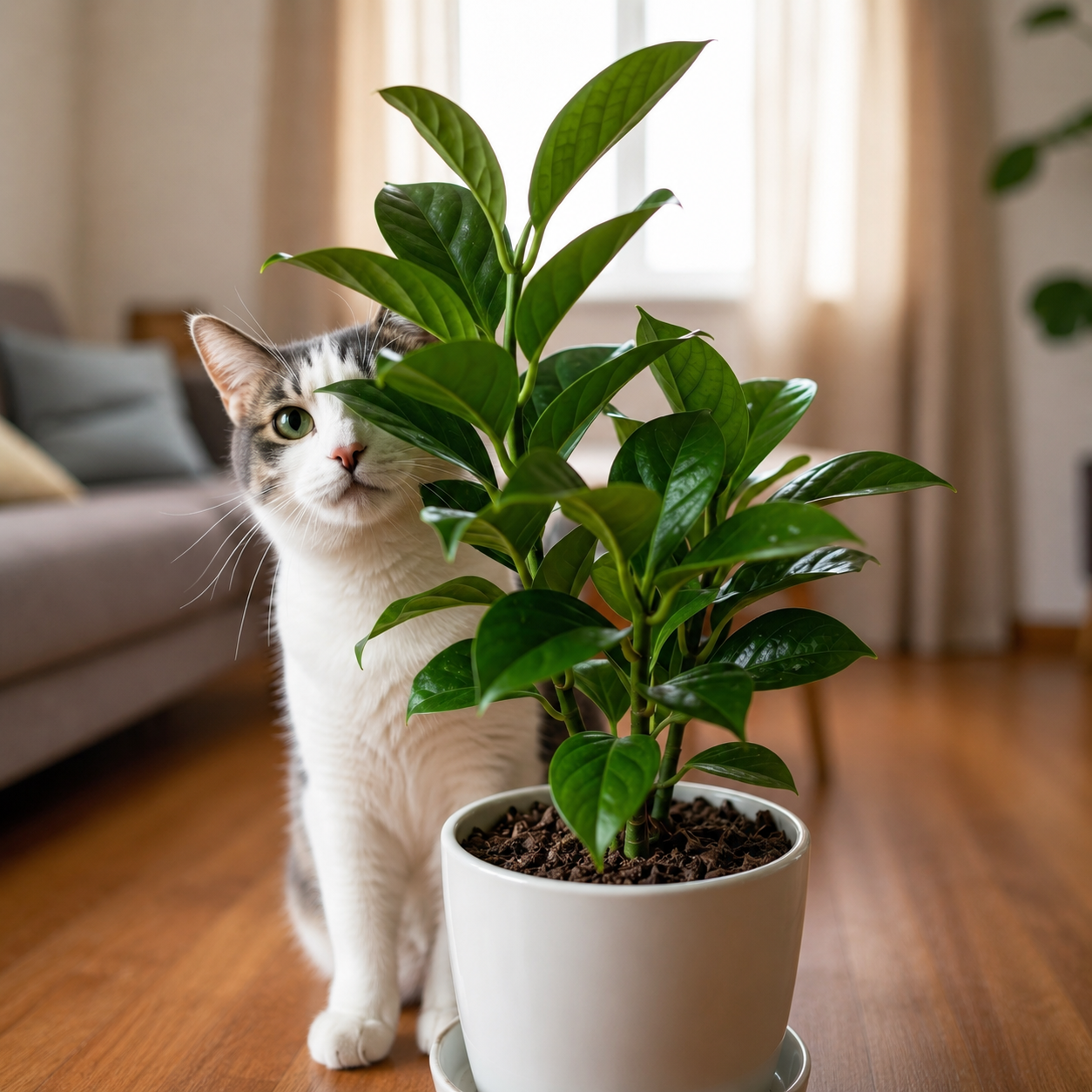 Curious cat peeking through a green houseplant, showcasing pet-safe indoor plants for homes with pets.