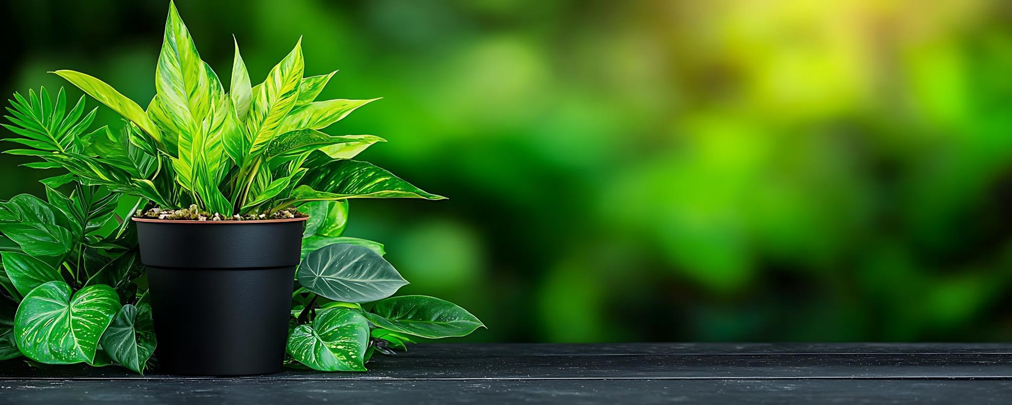 Modern indoor houseplant in a black pot with lush green foliage and soft blurred background for home decor