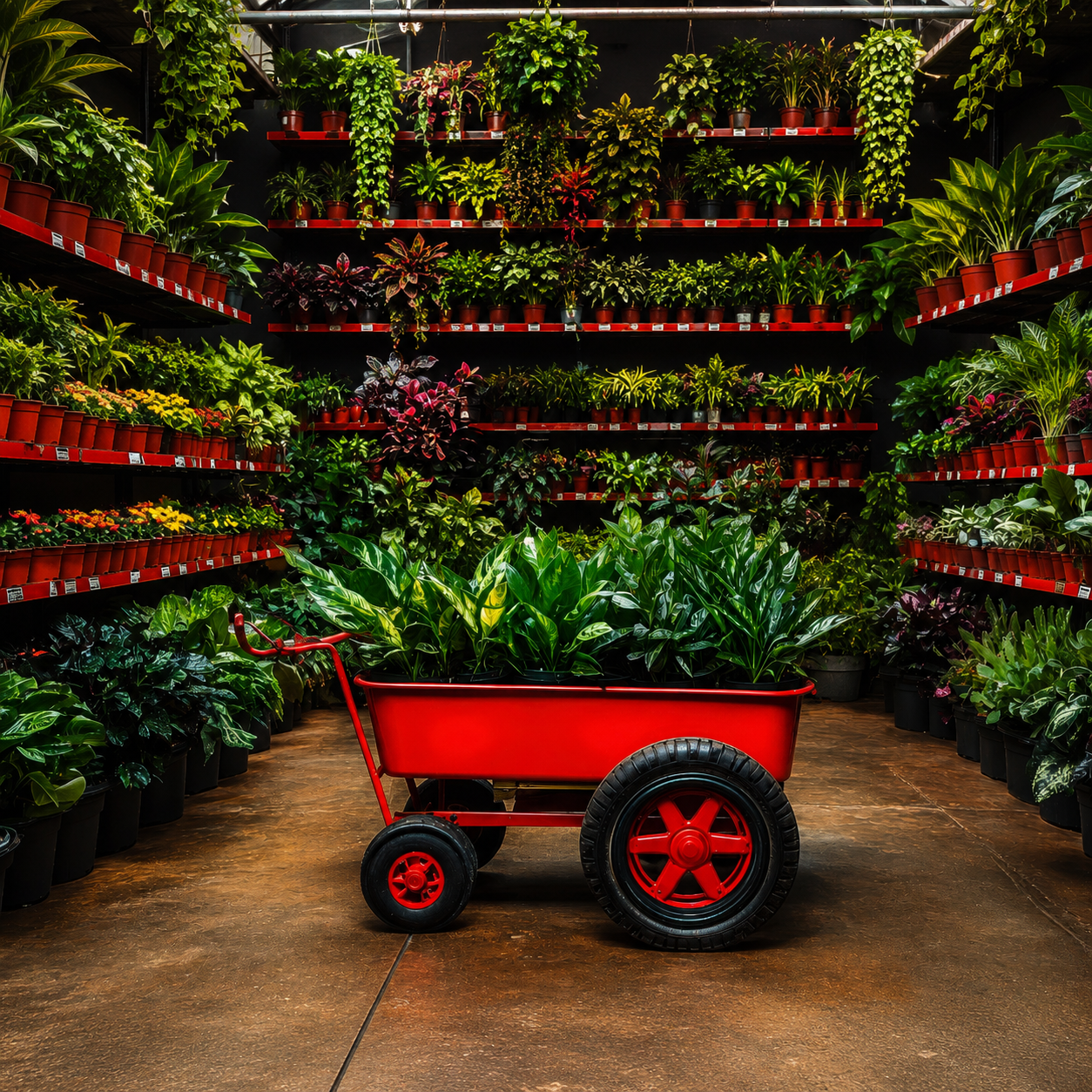 All houseplants and garden products collection featuring a red wagon filled with plants in a greenhouse.