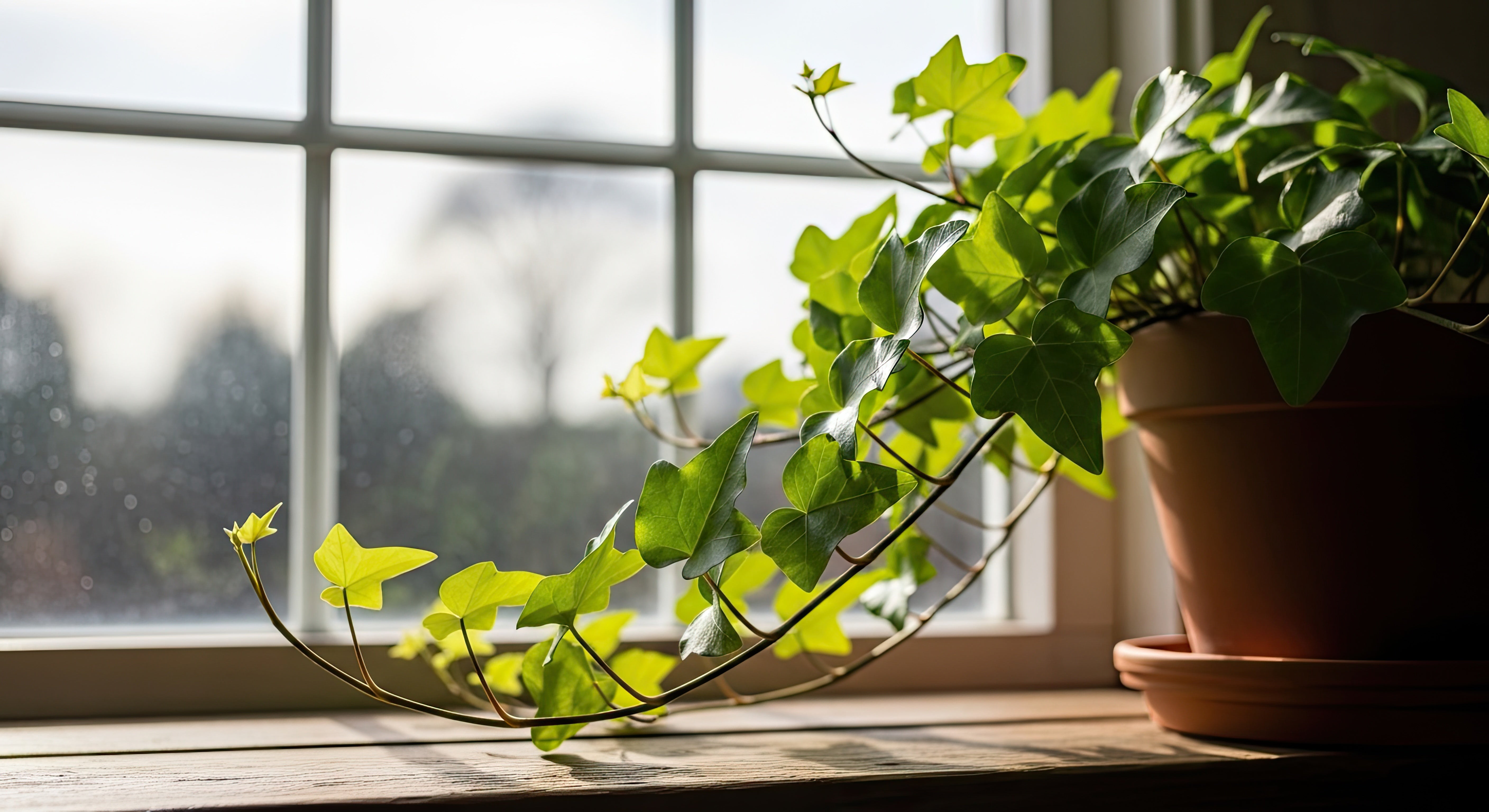 Trailing ivy plant in a pot by a sunlit window with cascading green vines