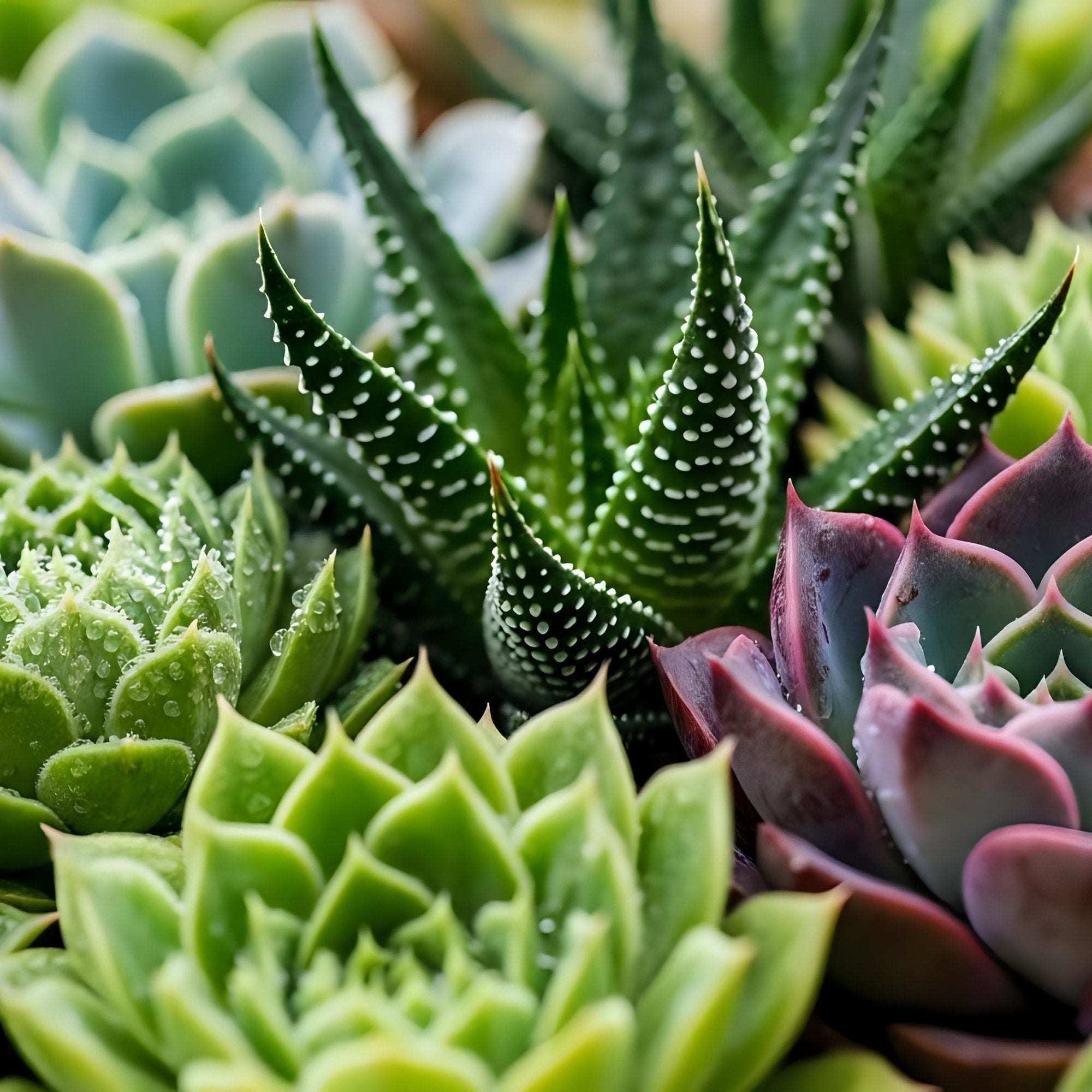 Close-up of mixed succulent plants including haworthia and echeveria with textured green and purple foliage