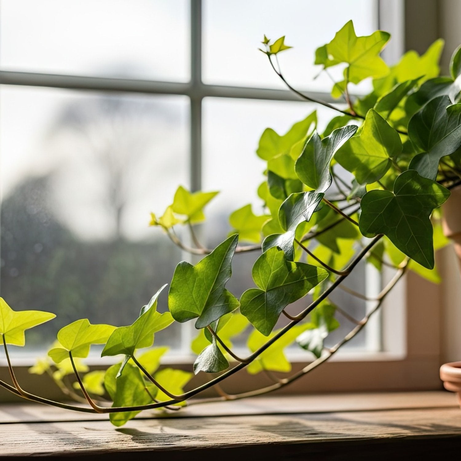 Trailing ivy plant in a pot by a sunlit window with cascading green vines